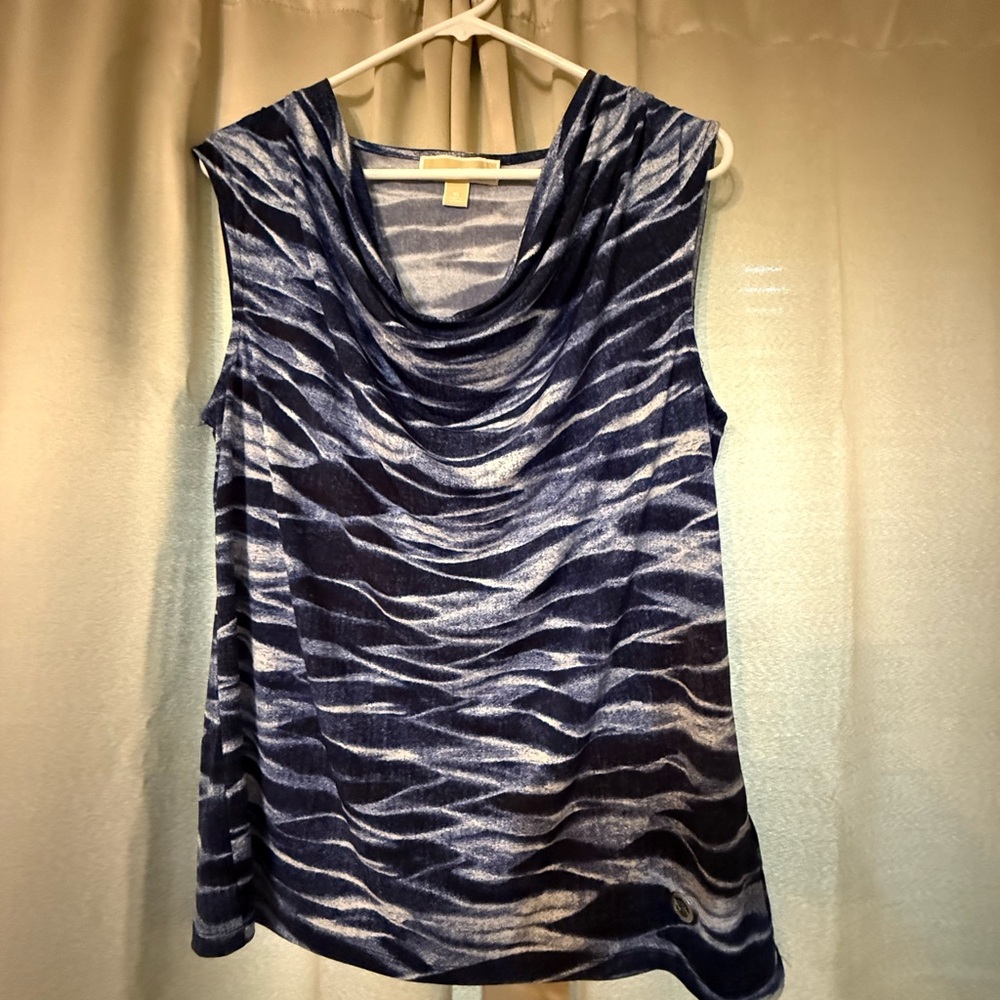 Michael Kors Navy and White Patterned Cowl Neck Blouse